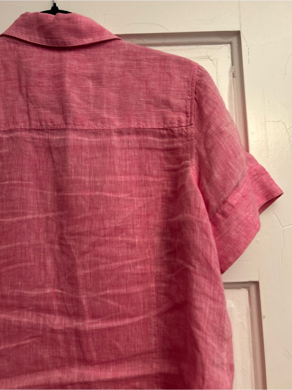 LINEN Coldwater Creek Rose-Pink Linen Button-Up Short Sleeve Blouse - Picture 8 of 9